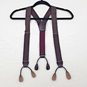 VTG Button Suspenders Y Back England Burgandy Gold Designe Gold Tone Hardware